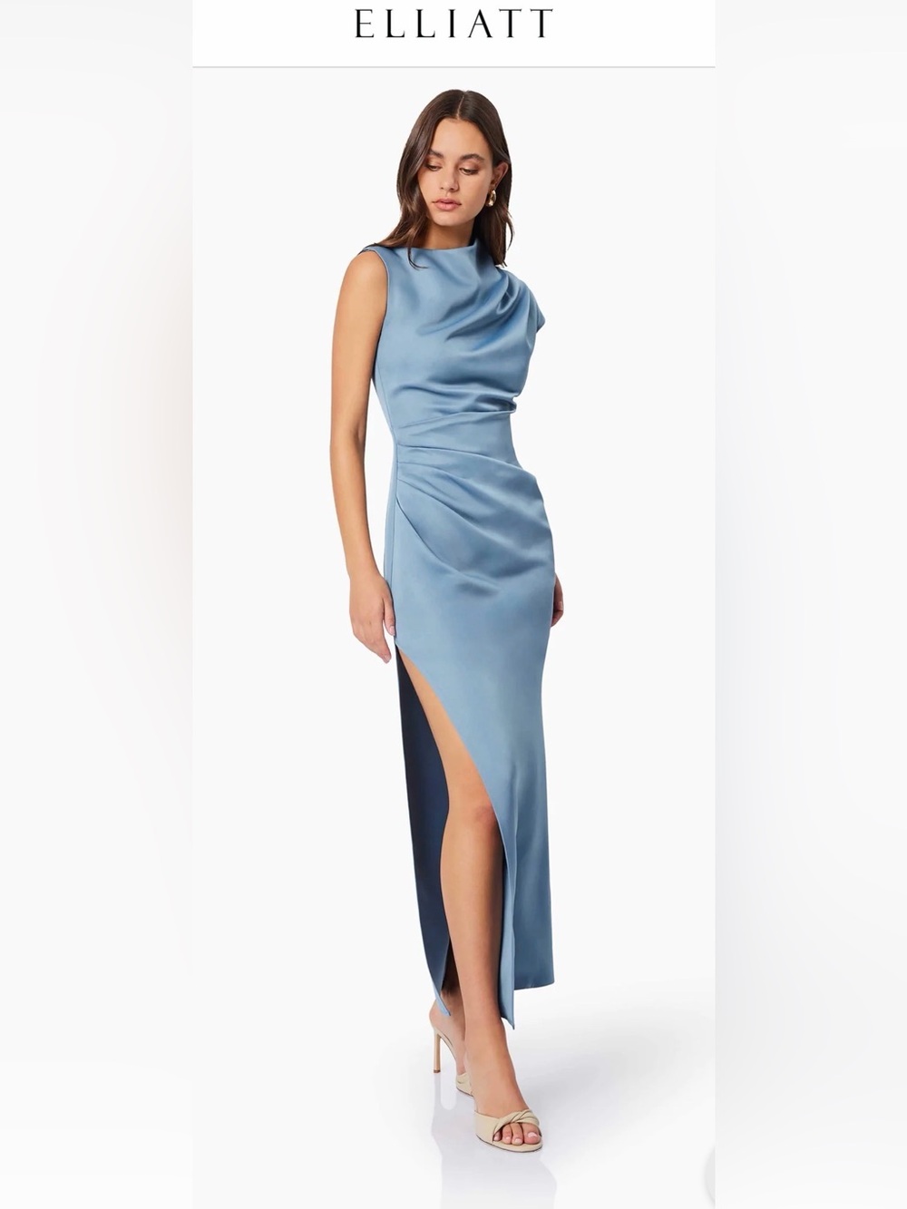 Elliatt Steel Blue Satin Cowl Neck Side-Slit Evening Dress Still on website .